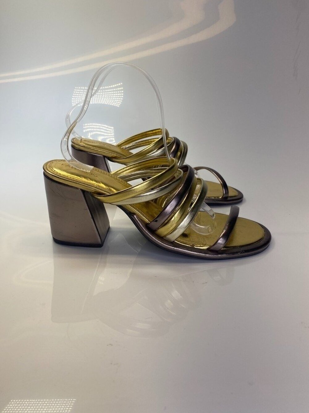 Farm Rio Women's Golden Silver Strap Block Heel Sandal Sz 10
